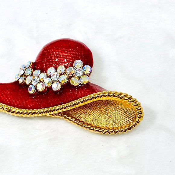 Vintage Red Hat Enameled Brooch w/AB Crystals - Large Brooch - Picture 4 of 6